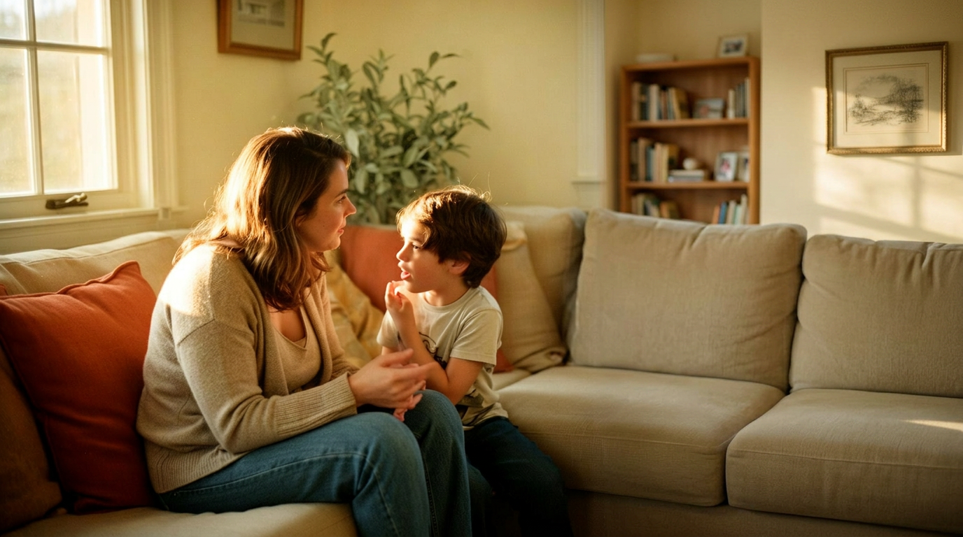 A mother and her child sitting close on the couch in a warm sunlit living room, having a real conversation