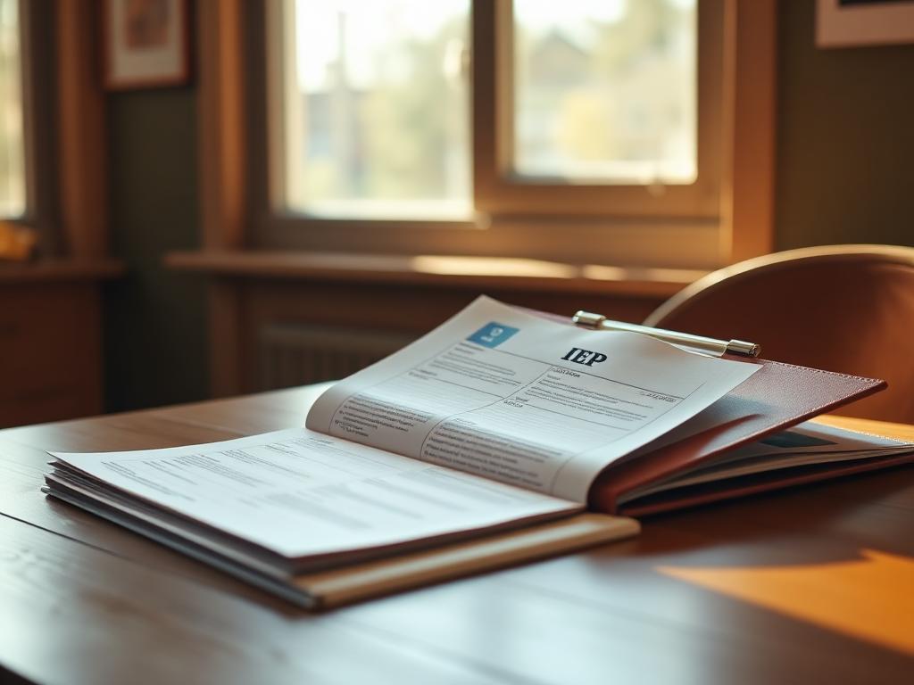 An open IEP document and a school folder on a wooden desk by a sunlit window