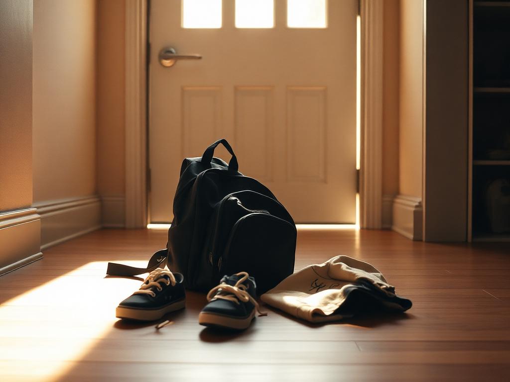 A small child's school backpack, kicked-off sneakers and a uniform sweater abandoned by a closed front door in a sunlit hallway