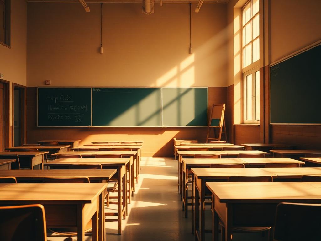 An empty sunlit classroom with warm wooden desks and tall windows