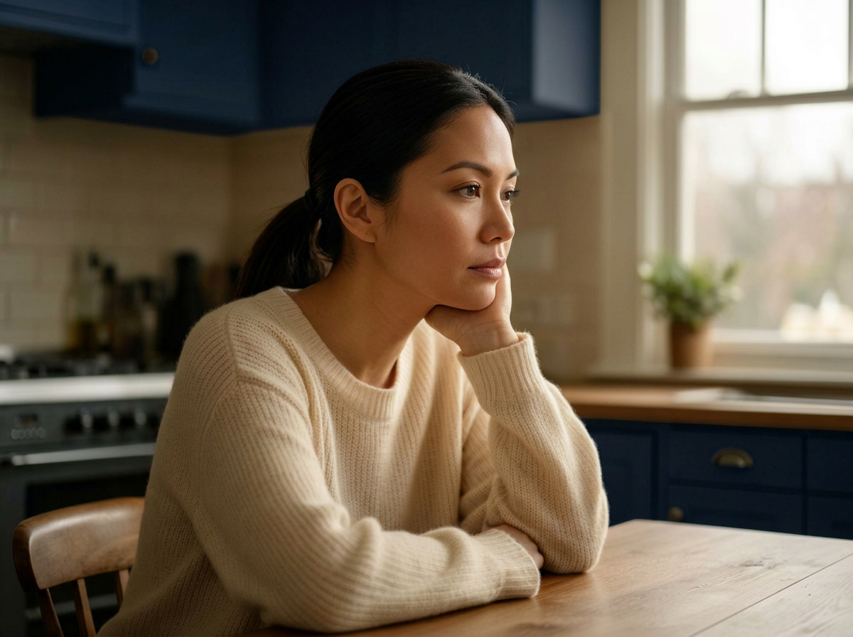 A weary parent sitting quietly at a sunlit kitchen table, lost in thought