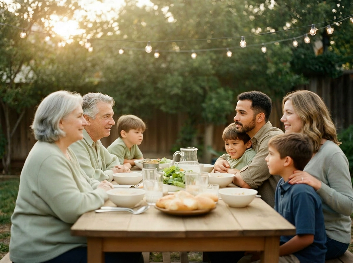 A warmly lit family dinner table seen from above, with hands sharing food