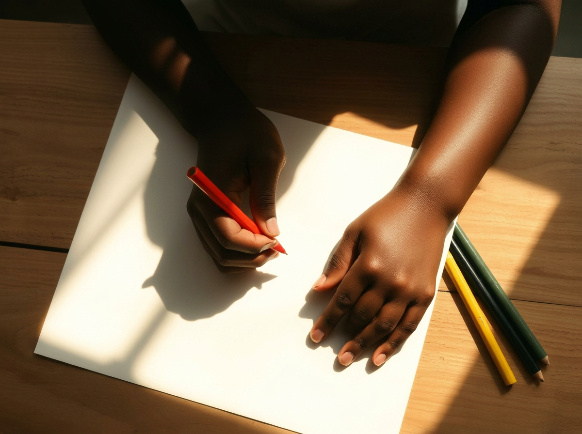 A Black child's hands drawing with colored pencils at a sunlit table