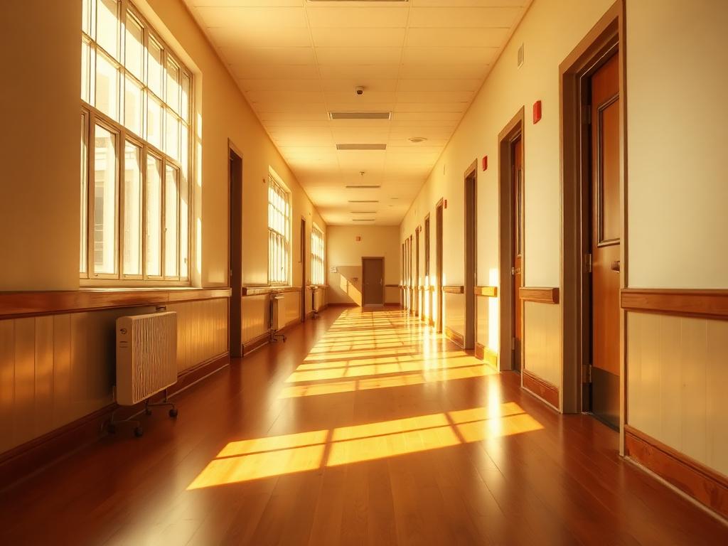 A quiet sunlit school hallway with warm wooden floors