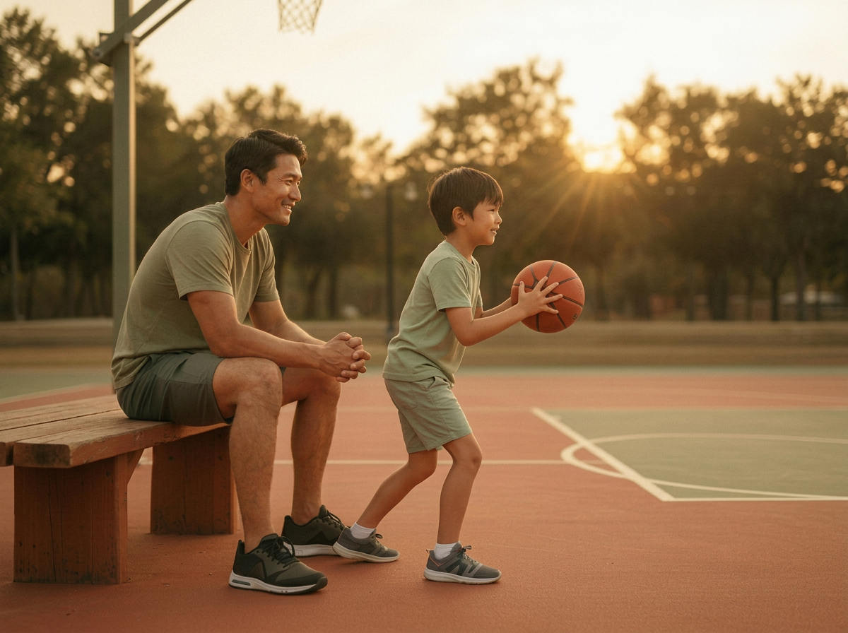 A blond dad sitting on a bench cheering on his young blond child playing basketball at golden hour on an outdoor court