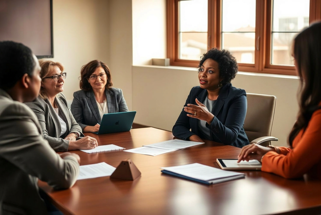 A Black mother advocating at an IEP meeting, speaking with the school principal across a shared conference table