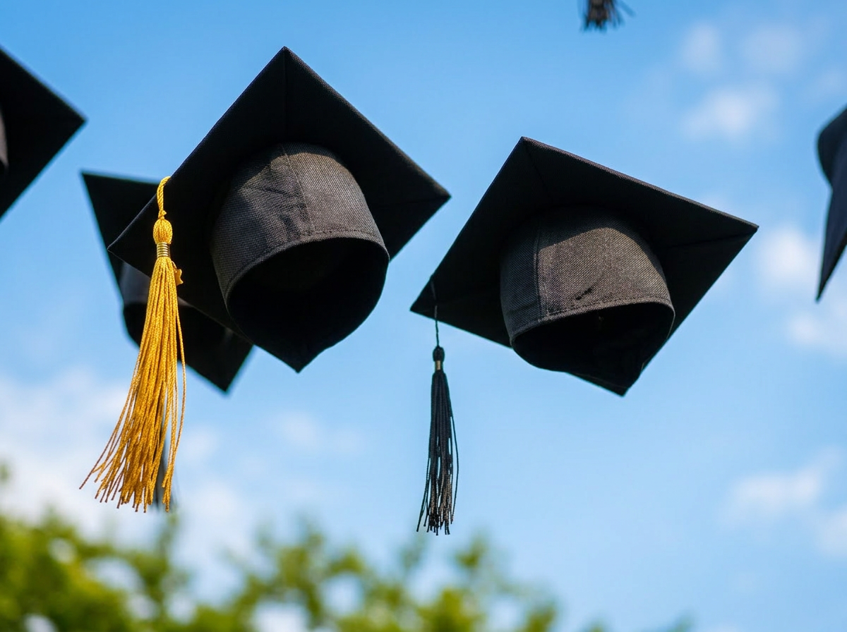 Graduation caps tossed against a bright blue daytime sky