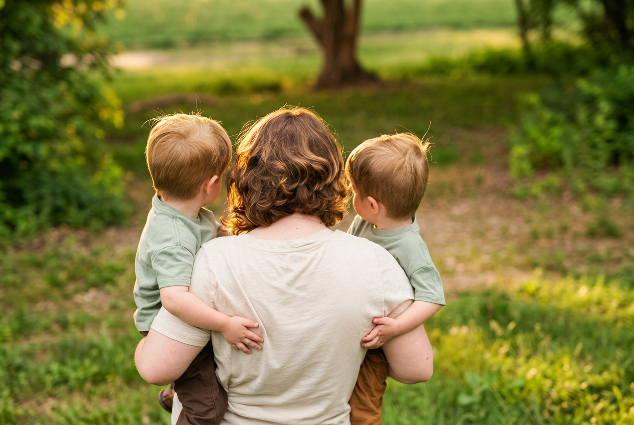 Parent from behind holding two young children resting on each shoulder, in a sunlit park