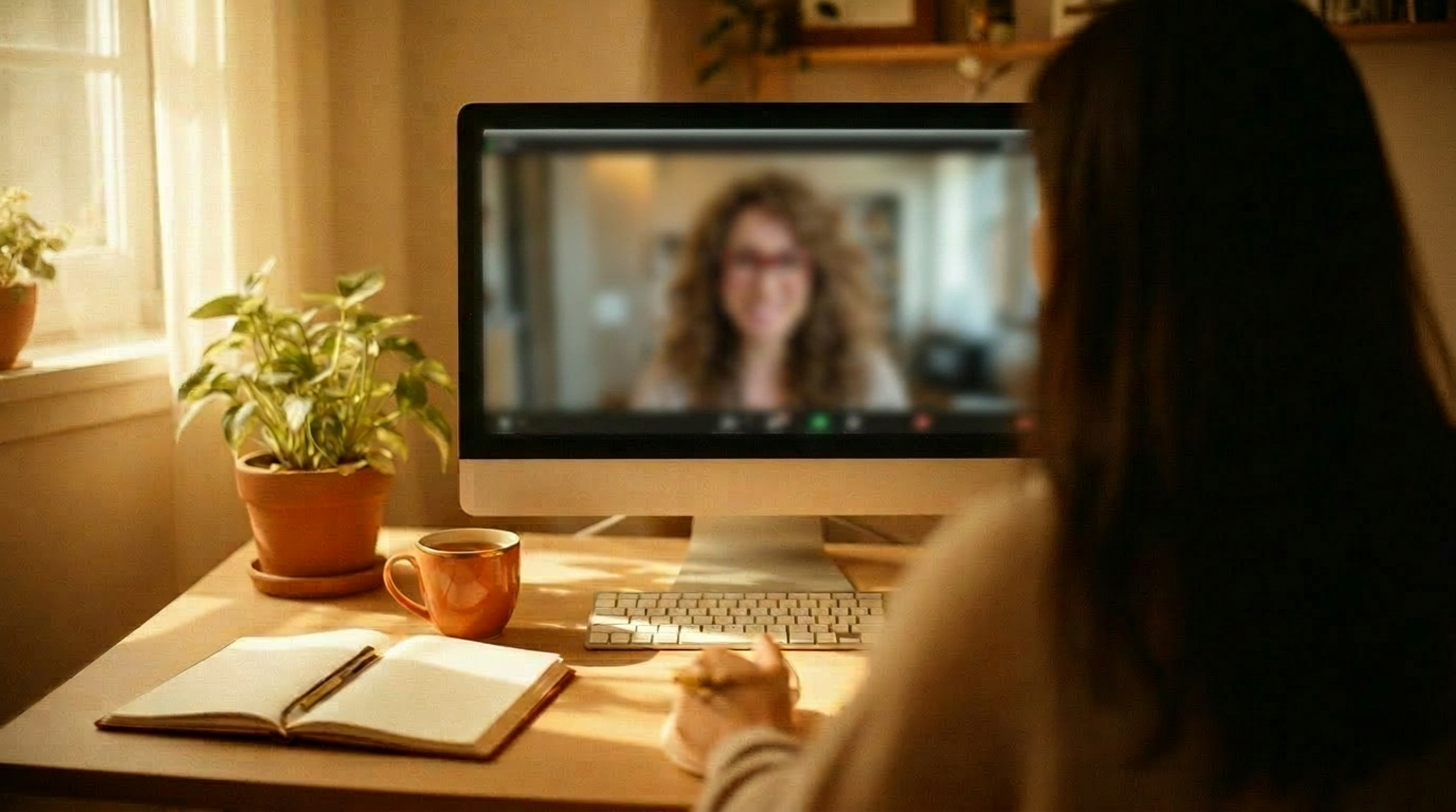 Over-the-shoulder view of a parent at a sunlit home desk on a video coaching call, the coach softly out of focus on the monitor