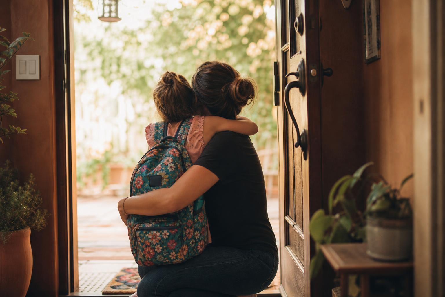 A child wearing a backpack joyfully hugging their parent after school